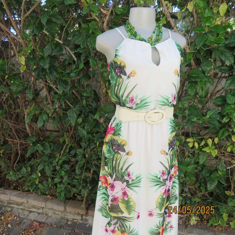 Ankle length long white sheer polyester cheerful floral strappy dress. Lined. Size 32.