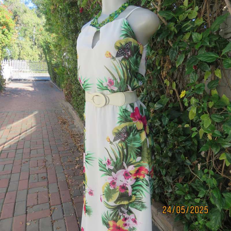 Ankle length long white sheer polyester cheerful floral strappy dress. Lined. Size 32.
