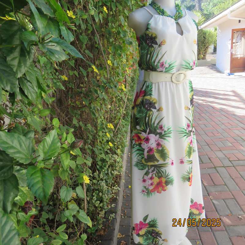 Ankle length long white sheer polyester cheerful floral strappy dress. Lined. Size 32.
