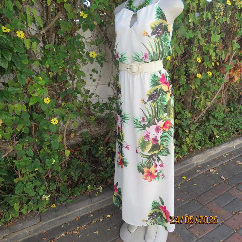 Ankle length long white sheer polyester cheerful floral strappy dress. Lined. Size 32.