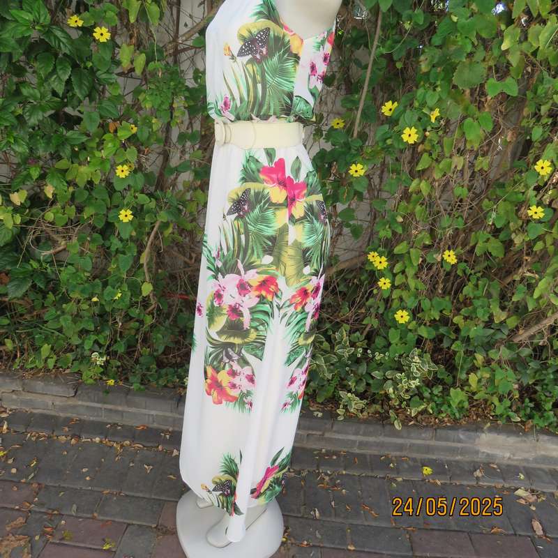 Ankle length long white sheer polyester cheerful floral strappy dress. Lined. Size 32.