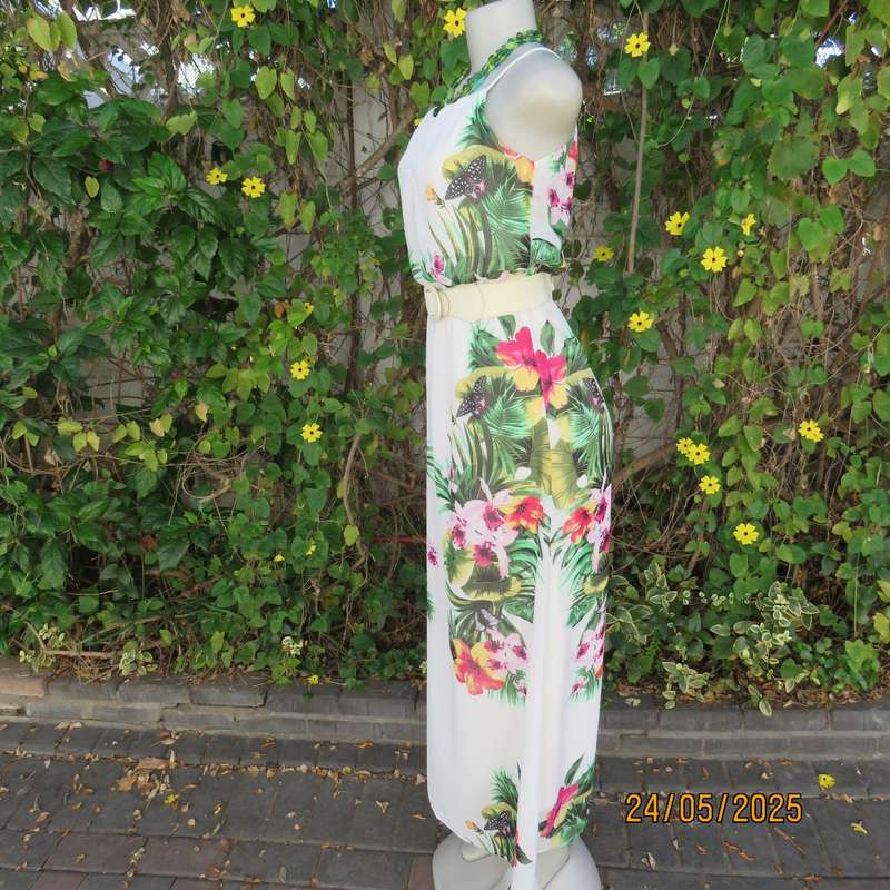 Ankle length long white sheer polyester cheerful floral strappy dress. Lined. Size 32.