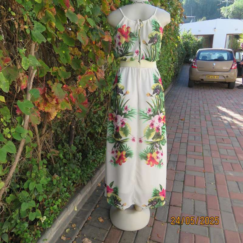 Ankle length long white sheer polyester cheerful floral strappy dress. Lined. Size 32.
