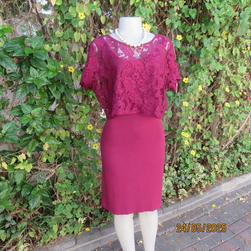 Maroon stretch polyester bodycon slip over dress with acrylic lace top overlay. Size 38