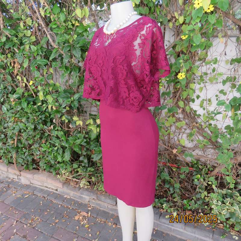 Maroon stretch polyester bodycon slip over dress with acrylic lace top overlay. Size 38