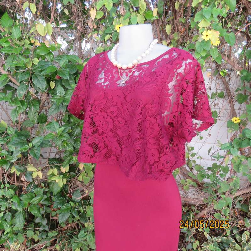 Maroon stretch polyester bodycon slip over dress with acrylic lace top overlay. Size 38