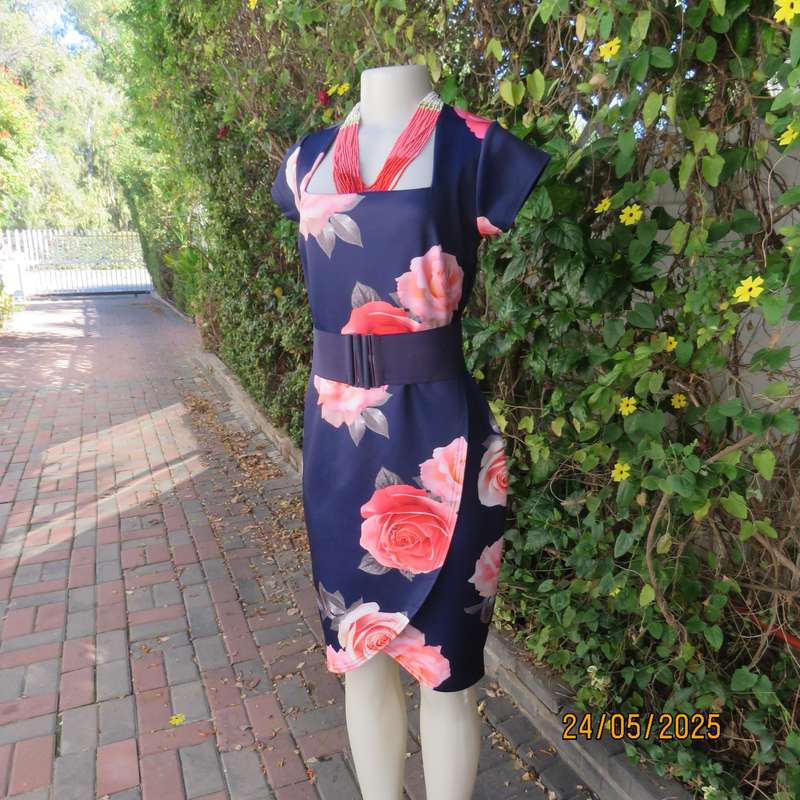QUIZ navy floral dress with crimson roses. Fold over bottom. Size 37. Square neckline