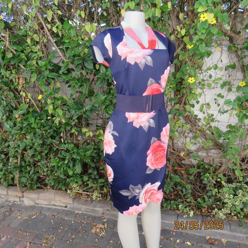 QUIZ navy floral dress with crimson roses. Fold over bottom. Size 37. Square neckline