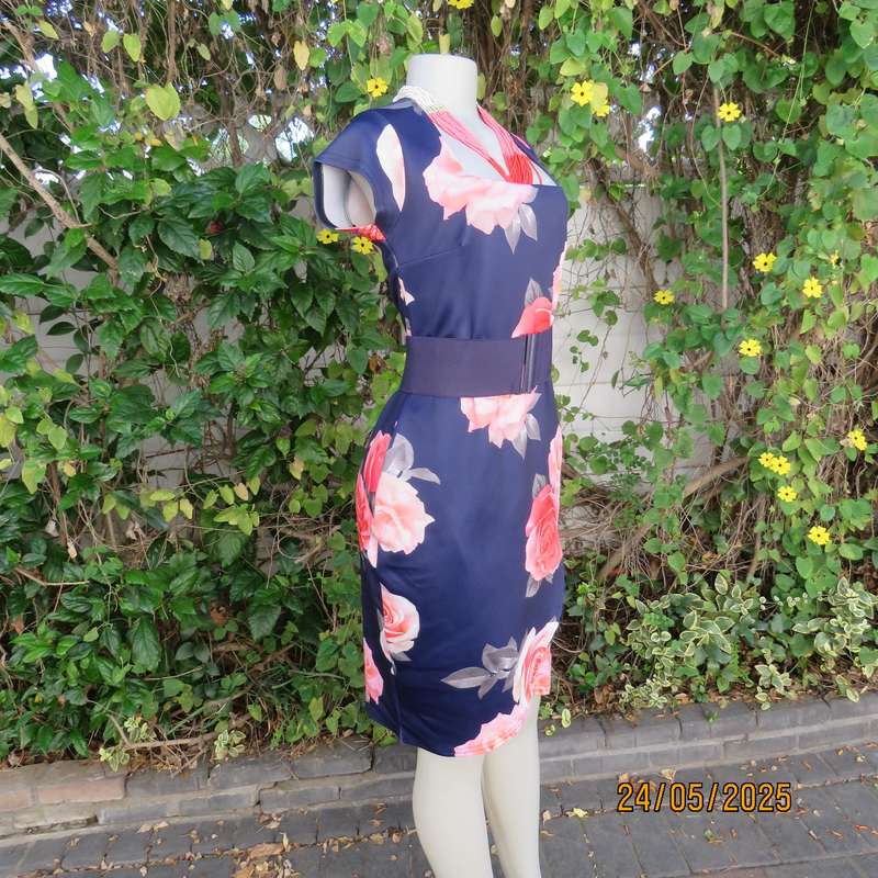 QUIZ navy floral dress with crimson roses. Fold over bottom. Size 37. Square neckline