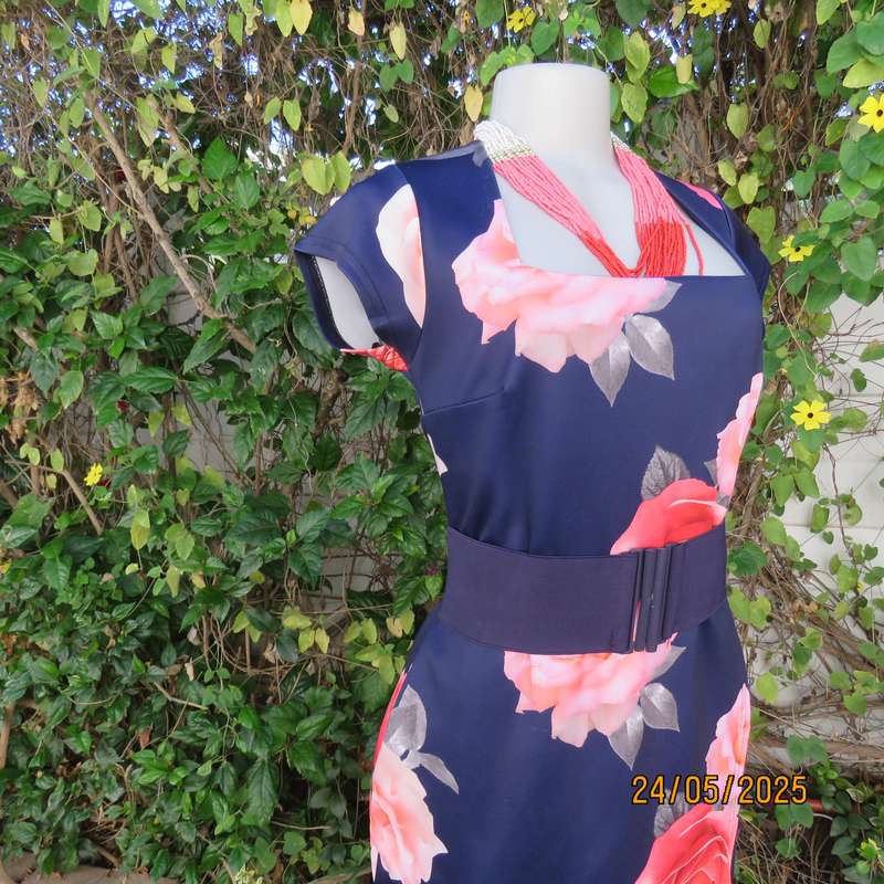 QUIZ navy floral dress with crimson roses. Fold over bottom. Size 37. Square neckline