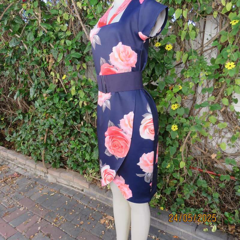 QUIZ navy floral dress with crimson roses. Fold over bottom. Size 37. Square neckline