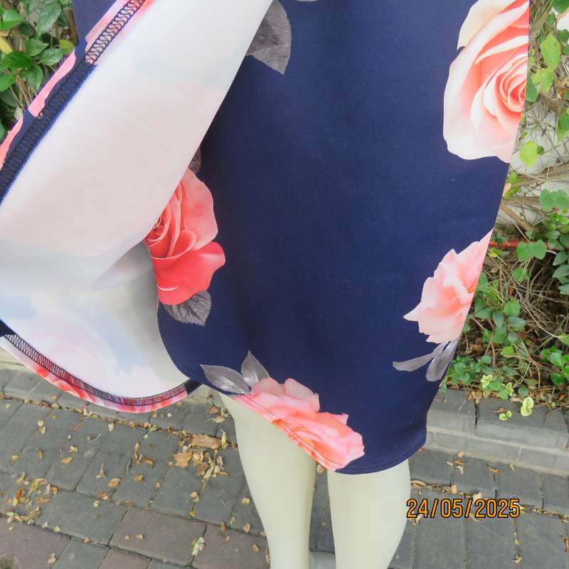QUIZ navy floral dress with crimson roses. Fold over bottom. Size 37. Square neckline