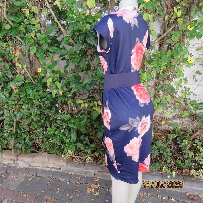 QUIZ navy floral dress with crimson roses. Fold over bottom. Size 37. Square neckline