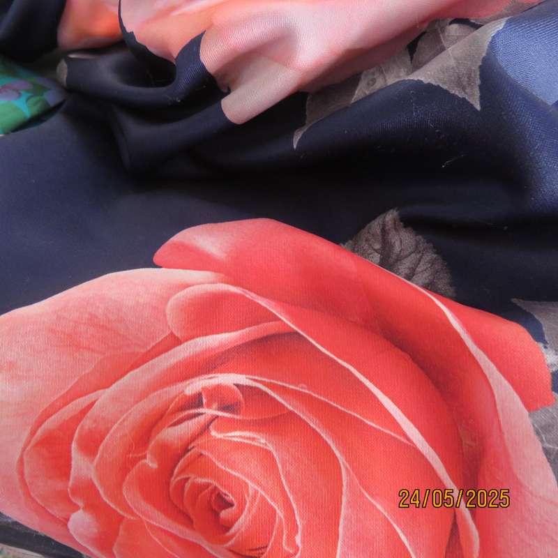 QUIZ navy floral dress with crimson roses. Fold over bottom. Size 37. Square neckline