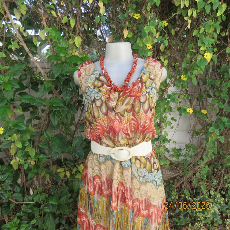 Cool colourful sleeveless dress with frilled V neckline. Size 37. Lined. Elasticated waist.