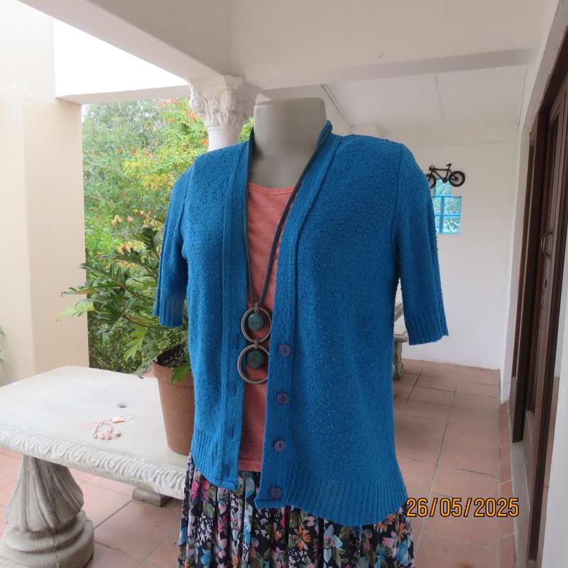 FOSHINI jade blue short sleeve button down cardigan in cotton-acrylic yarn. Size 32