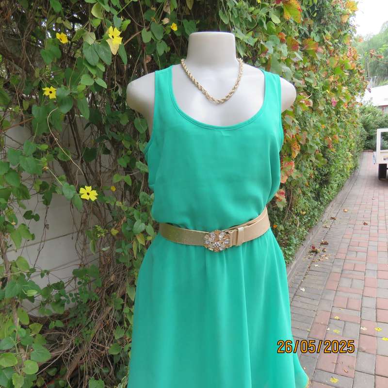 WOOLWORTHS lime green slip over sheer polyester-lined size 36 dress. Gold trimmimg.