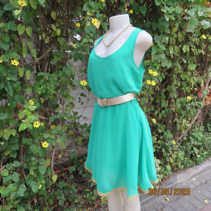 WOOLWORTHS lime green slip over sheer polyester-lined size 36 dress. Gold trimmimg.