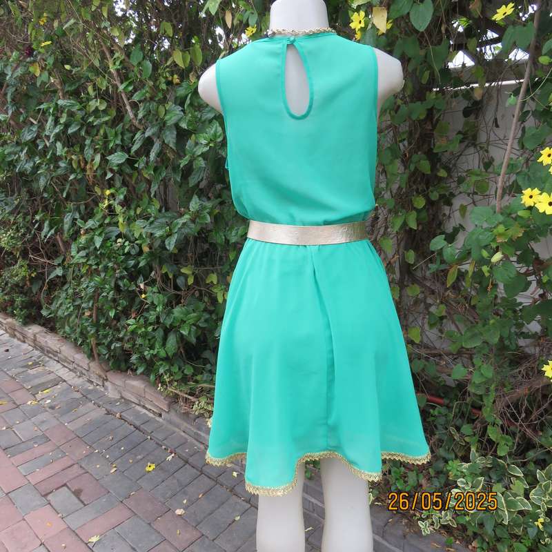 WOOLWORTHS lime green slip over sheer polyester-lined size 36 dress. Gold trimmimg.