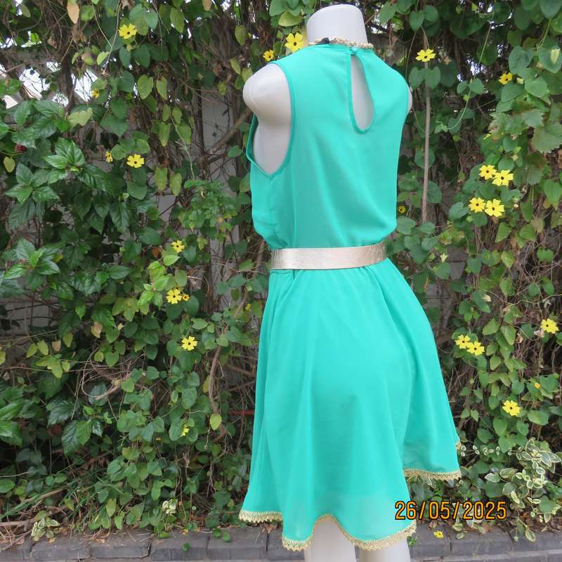 WOOLWORTHS lime green slip over sheer polyester-lined size 36 dress. Gold trimmimg.