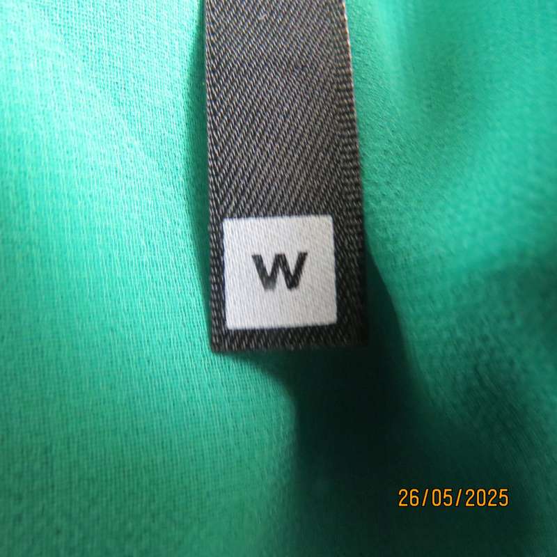 WOOLWORTHS lime green slip over sheer polyester-lined size 36 dress. Gold trimmimg.
