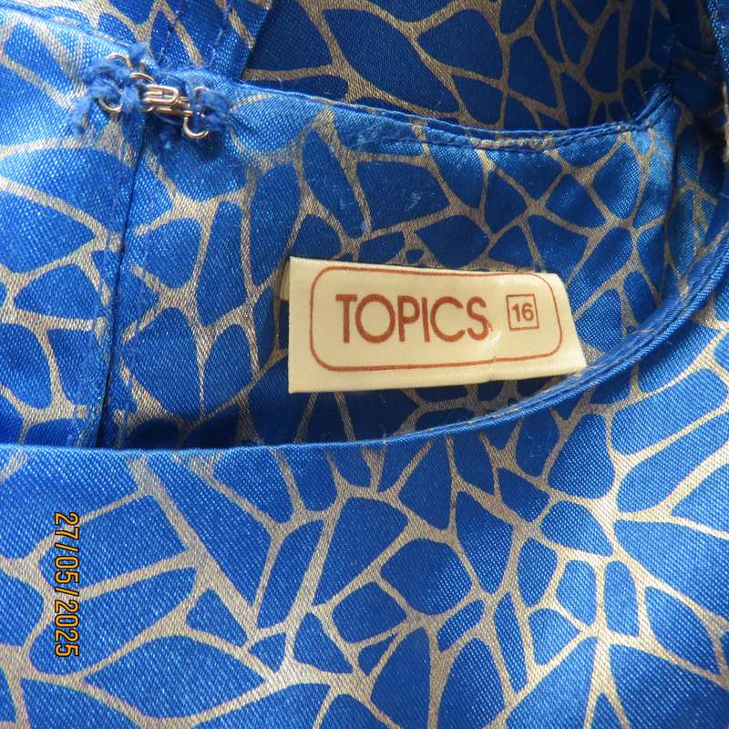 TOPICS as new special occasion royal blue-gold patterned size 40 dress with original belt.