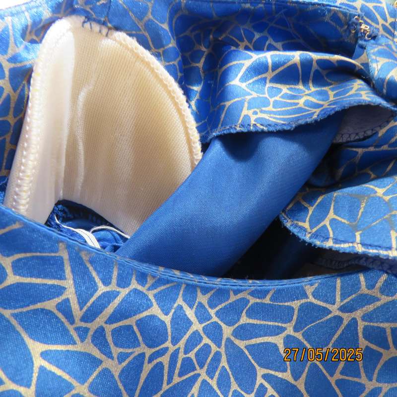 TOPICS as new special occasion royal blue-gold patterned size 40 dress with original belt.