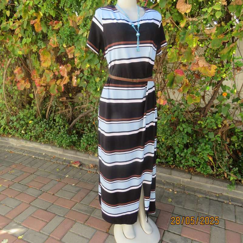 EXACT horizontal striped slip over stretch polyester dress in black-white-brown-blue. Size 42