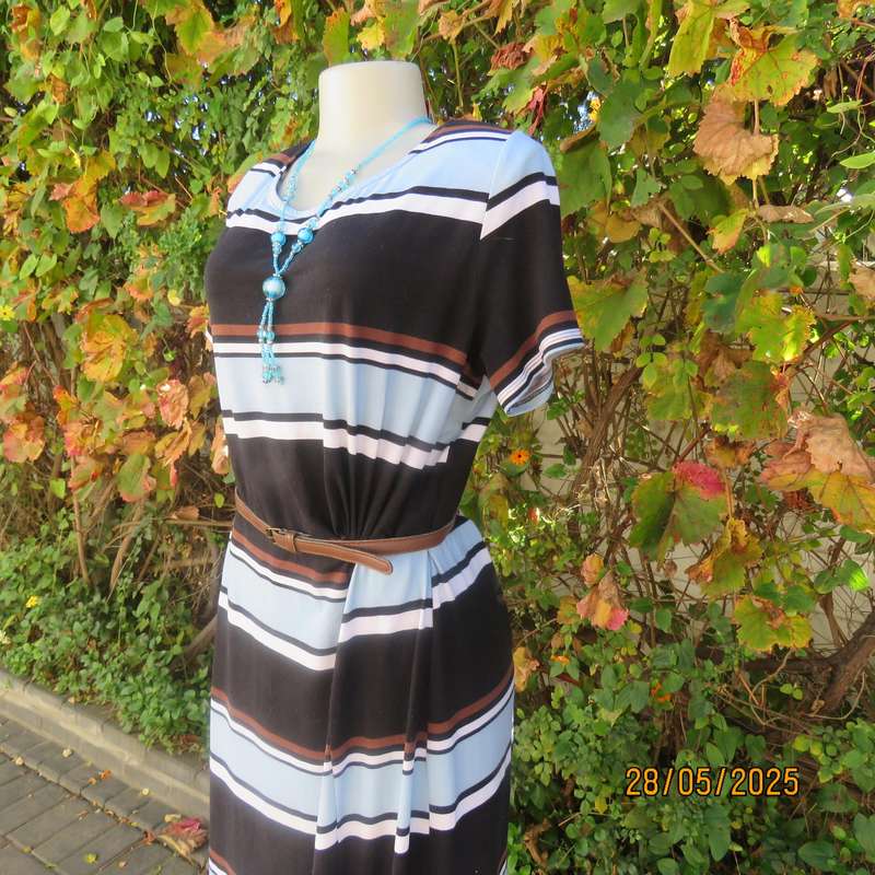 EXACT horizontal striped slip over stretch polyester dress in black-white-brown-blue. Size 42