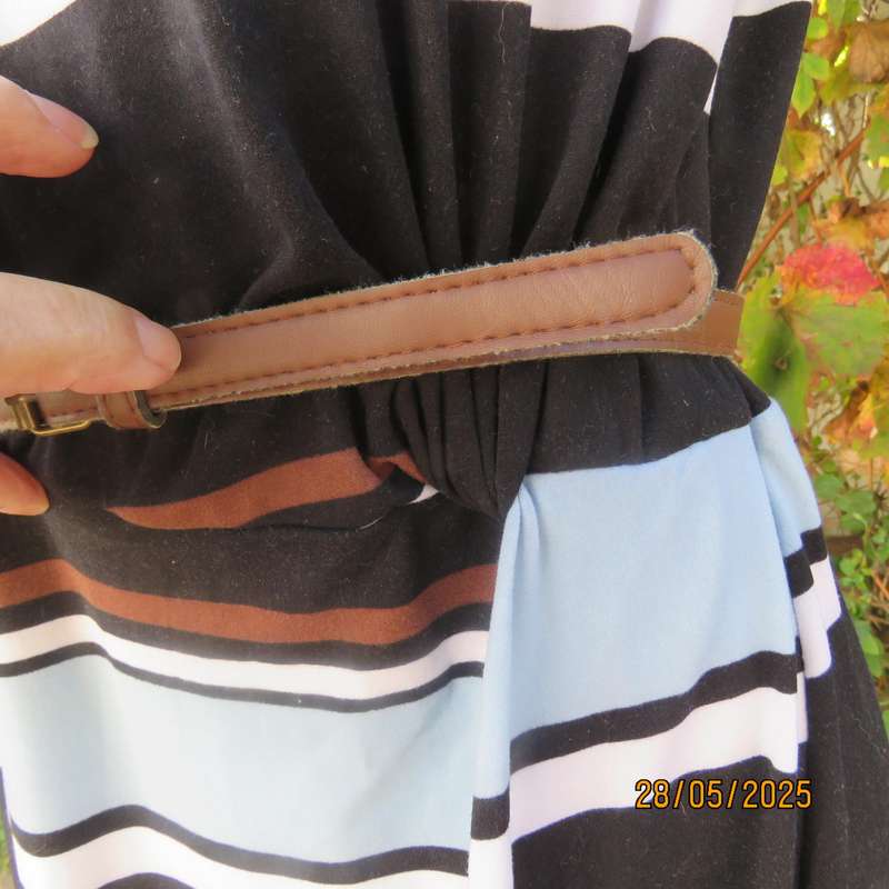 EXACT horizontal striped slip over stretch polyester dress in black-white-brown-blue. Size 42