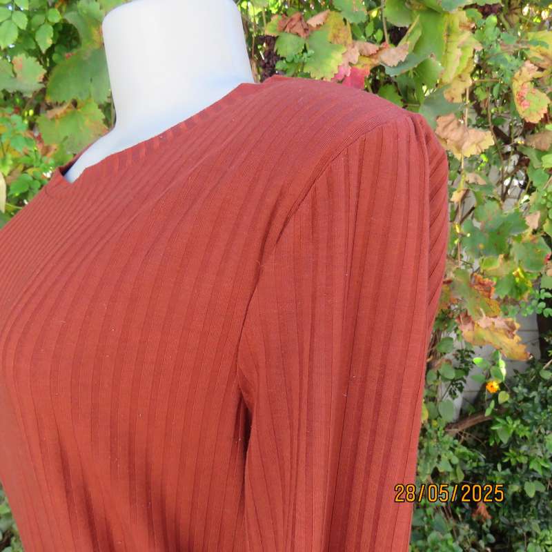 Dark burnt orange long sleeve slip over shift dress in stretch polyester size 36 with belt.
