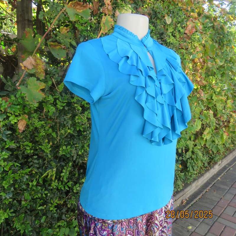 TRUWORTHS jade stretch polyester top with triple ruffled bib. High neck. Size 36