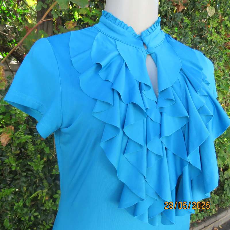 TRUWORTHS jade stretch polyester top with triple ruffled bib. High neck. Size 36