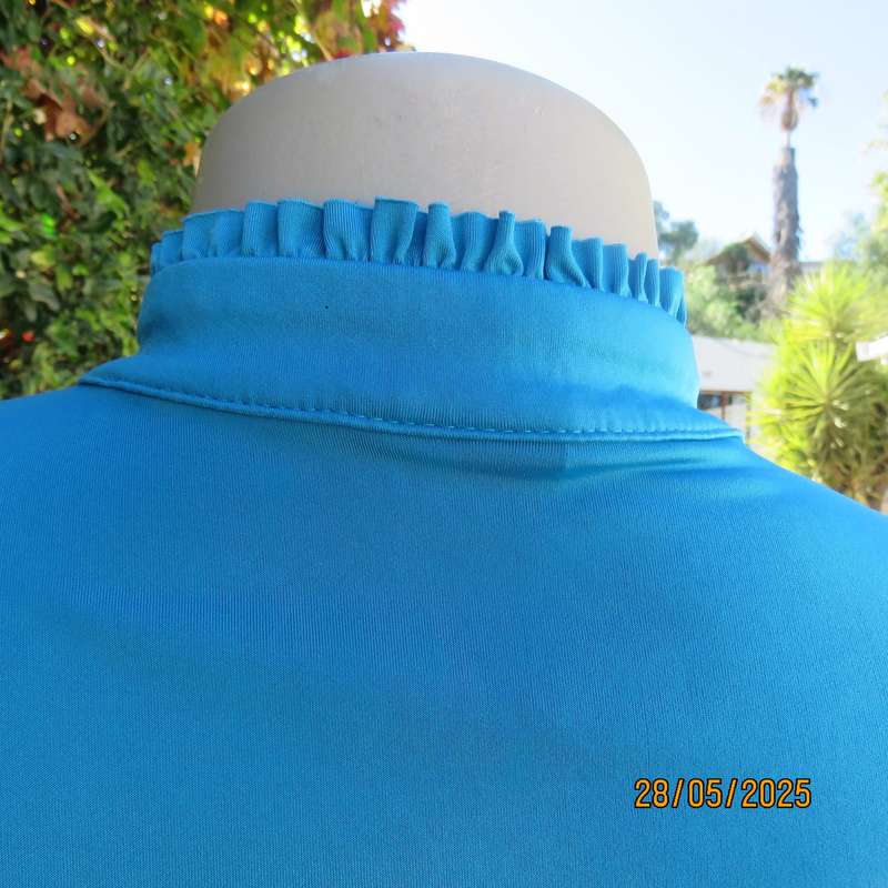TRUWORTHS jade stretch polyester top with triple ruffled bib. High neck. Size 36