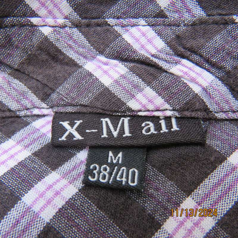 X-MAIL black-white with pink accents check peplum long top in cotton. Button down. Size 34.