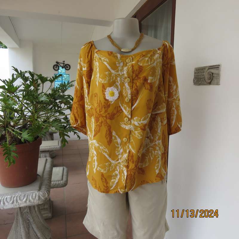 Summertime chic mustard with white-rust leaf design slip over top. Size 42 by RED. Off the shoulder