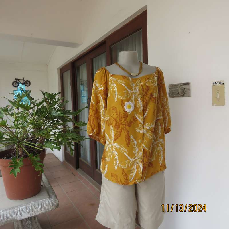 Summertime chic mustard with white-rust leaf design slip over top. Size 42 by RED. Off the shoulder