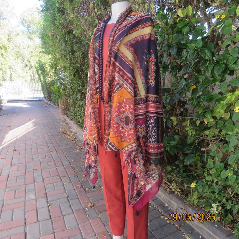 Geometric printed long scarf 180cm - 90cm in red-navy-crimson-yellow polycotton.