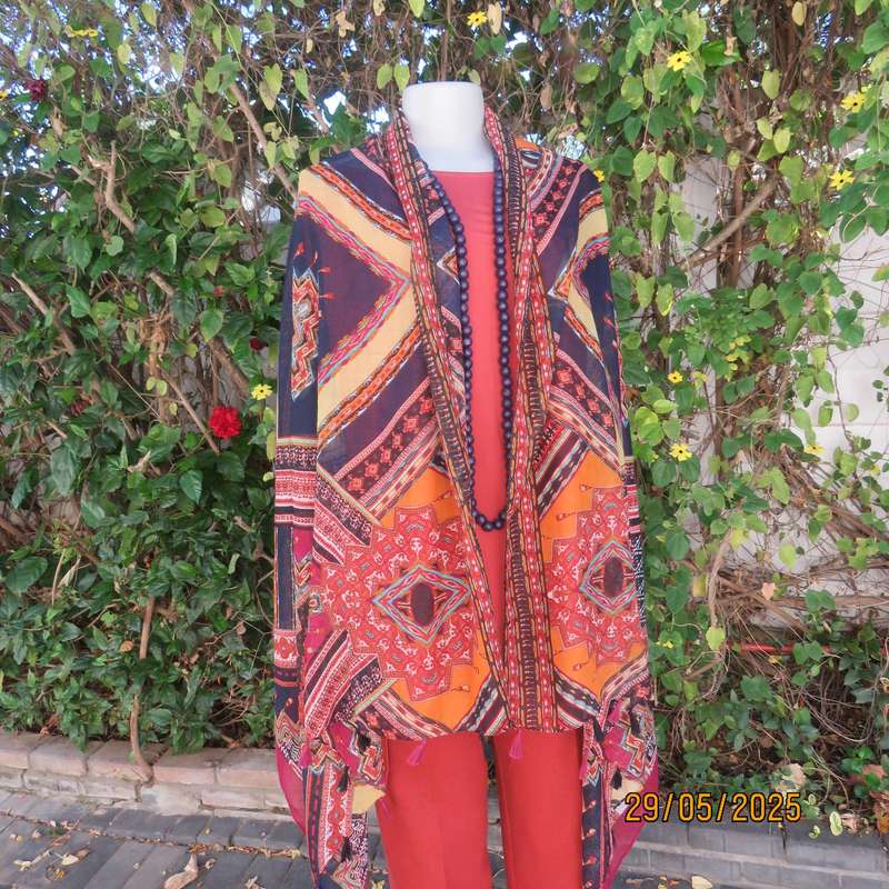 Geometric printed long scarf 180cm - 90cm in red-navy-crimson-yellow polycotton.