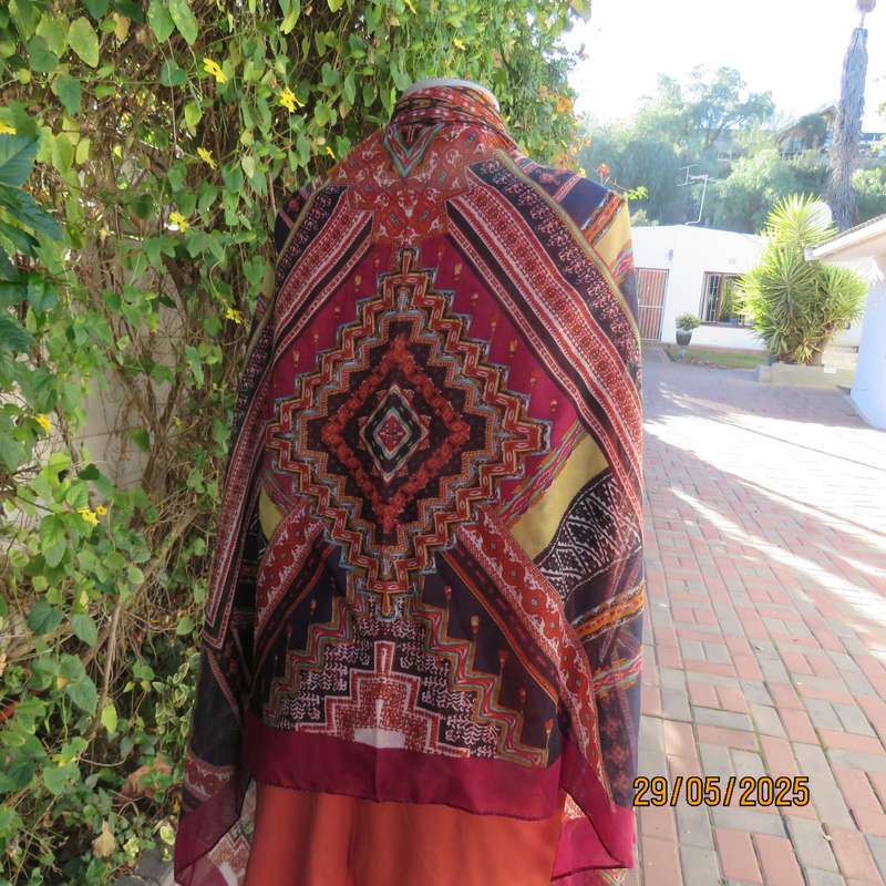 Geometric printed long scarf 180cm - 90cm in red-navy-crimson-yellow polycotton.