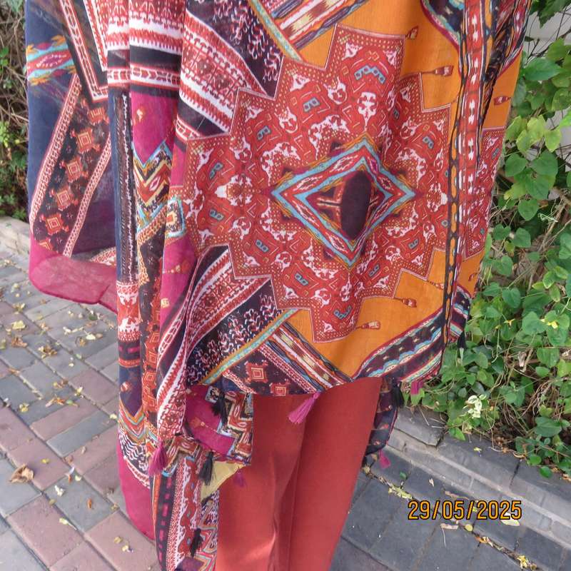 Geometric printed long scarf 180cm - 90cm in red-navy-crimson-yellow polycotton.