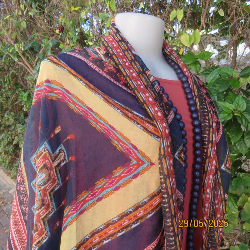 Geometric printed long scarf 180cm - 90cm in red-navy-crimson-yellow polycotton.