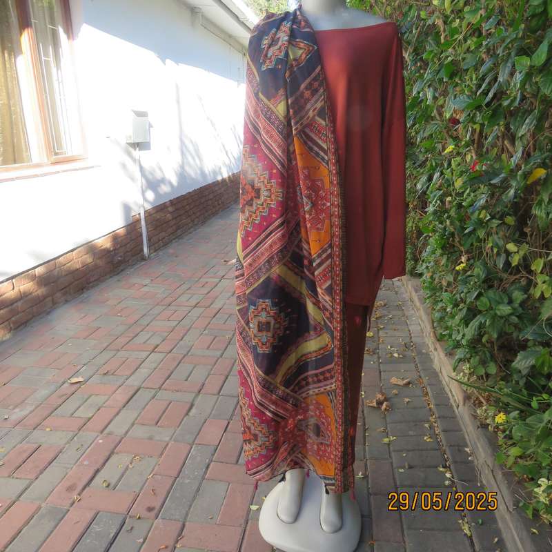 Geometric printed long scarf 180cm - 90cm in red-navy-crimson-yellow polycotton.