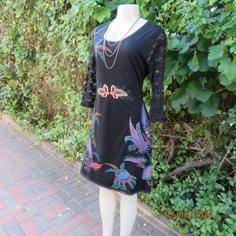 Smart casual black stretch polycotton slip over dress. Lace sleeves. Size 36-38. Jewel colour print.