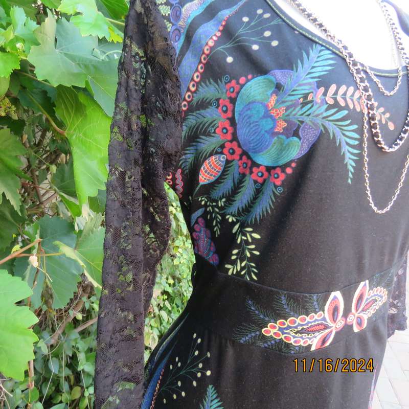 Smart casual black stretch polycotton slip over dress. Lace sleeves. Size 36-38. Jewel colour print.