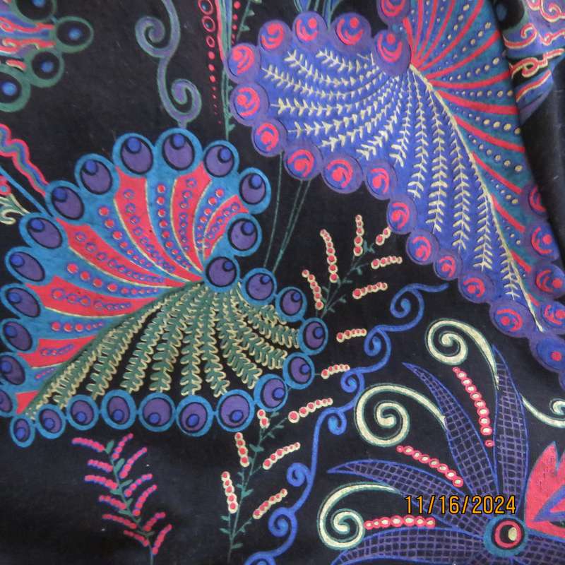Smart casual black stretch polycotton slip over dress. Lace sleeves. Size 36-38. Jewel colour print.