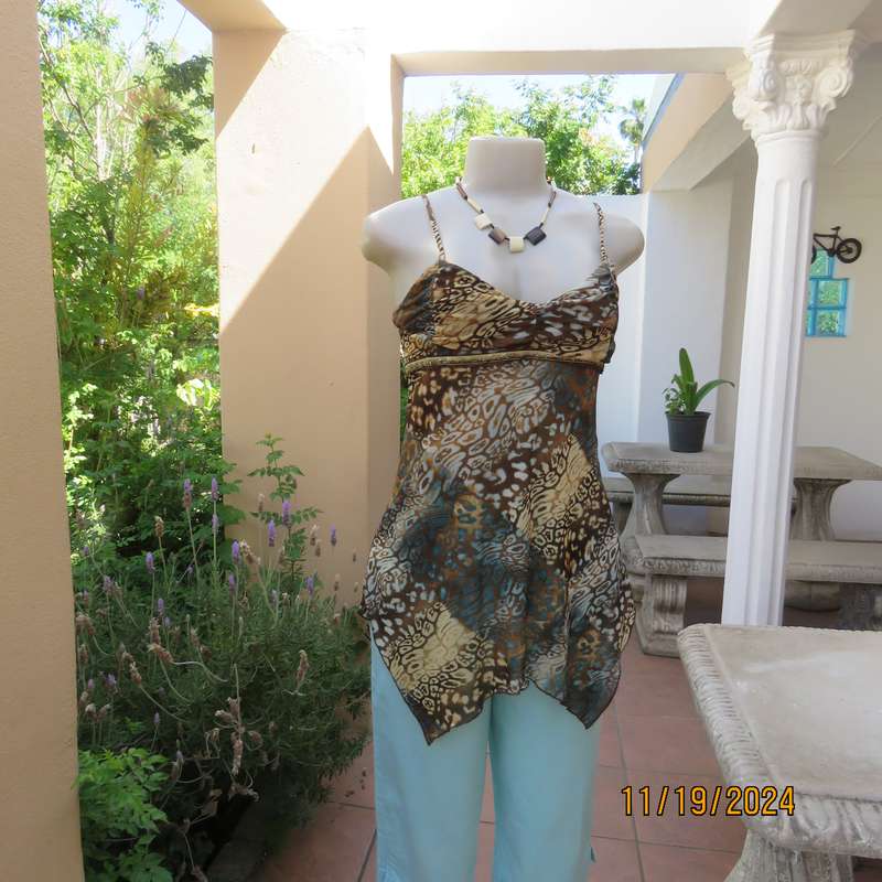 Cool Strappy Top in Jade-Brown-Cream Mesh Nylon Stretch, Size 34, Empire
