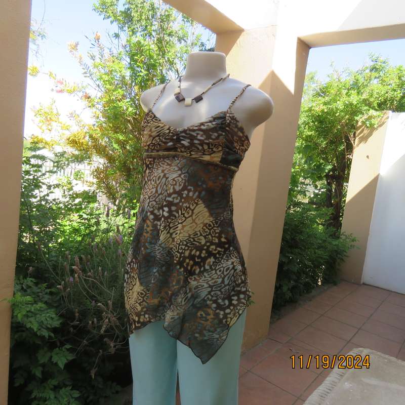 Cool Strappy Top in Jade-Brown-Cream Mesh Nylon Stretch, Size 34, Empire