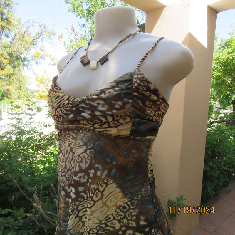 Cool Strappy Top in Jade-Brown-Cream Mesh Nylon Stretch, Size 34, Empire