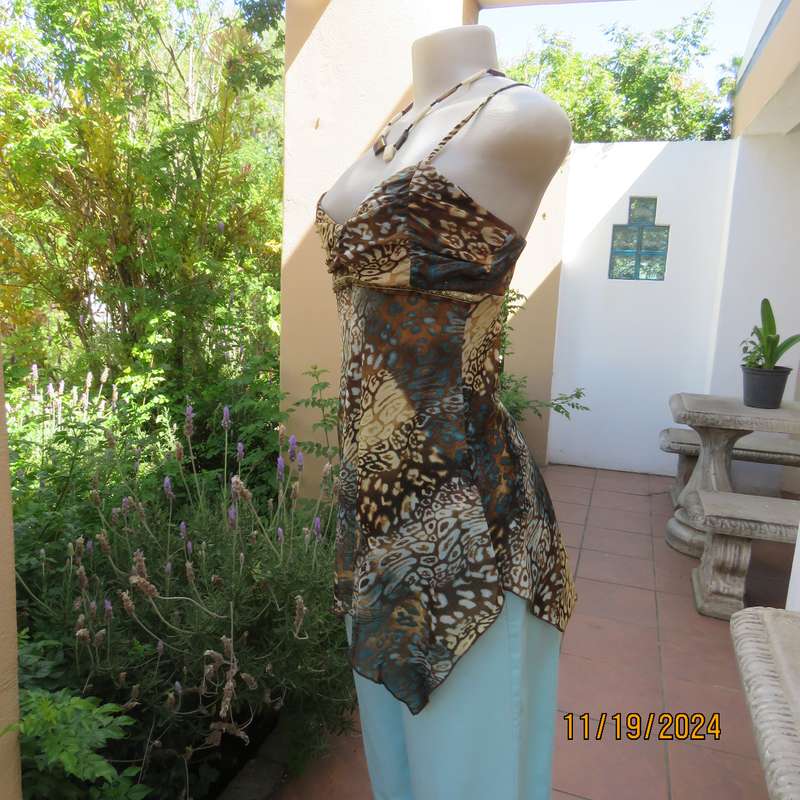Cool Strappy Top in Jade-Brown-Cream Mesh Nylon Stretch, Size 34, Empire